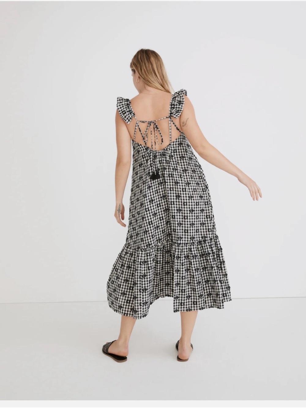 Madewell Navy Gingham Ruffle-Shoulder Maxi Dress